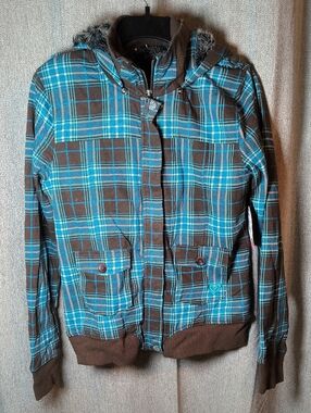 Roxy Turquoise and Brown Plaid Hooded Jacket